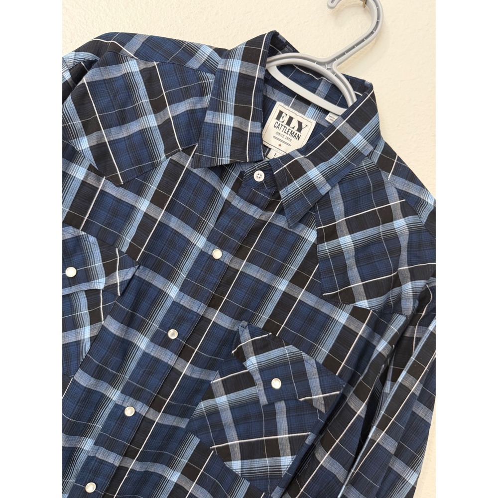 Ely Cattleman Mens Blue Black Plaid Western Pearl‎ Snap Long Sleeve Shirt L